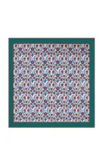 Intricate Turkish floral pattern with red, blue, and green details on a white background, framed by a teal border, showcasing traditional Turkish textile art and craftsmanship.