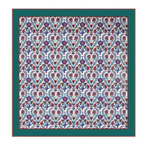Intricate Turkish floral pattern with red, blue, and green details on a white background, framed by a teal border, showcasing traditional Turkish textile art and craftsmanship.