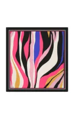 Vibrant abstract zebra stripe art print featuring bold pink, black, blue, white, and gold colors, perfect for modern home decor.