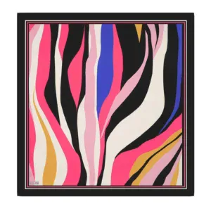 Vibrant abstract zebra stripe art print featuring bold pink, black, blue, white, and gold colors, perfect for modern home decor.