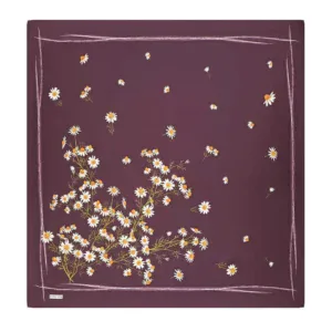 Daisy flower pattern on dark purple fabric with white and orange daisies, framed with hand-drawn white borders, perfect for stylish home decor or fashion accessories.