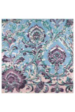 Vintage Turkish-style floral rug featuring intricate patterns in shades of blue, purple, and cream, perfect for home decor.