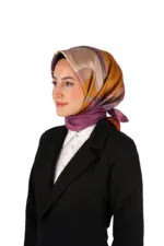 Elegant woman wearing a colorful silk hijab and black blazer, showcasing Turkish fashion and accessories available at Shop of Turkey. Perfect for stylish, modest attire and cultural expression.