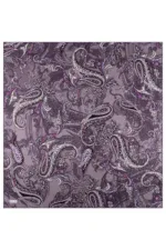 Paisley patterned fabric in shades of purple, black, and white with intricate floral and swirl designs, perfect for fashion or home decor.
