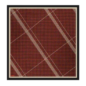 Red and black houndstooth patterned textile with plaid accents, framed and displayed for sale. Perfect for fashion, accessories, or home decor enthusiasts seeking quality Turkish craftsmanship.