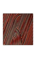 Vibrant abstract pattern with dynamic red, black, and beige curving and linear elements on a square canvas, showcasing modern art design.