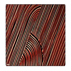 Vibrant abstract pattern with dynamic red, black, and beige curving and linear elements on a square canvas, showcasing modern art design.