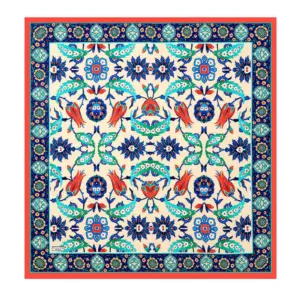 Vibrant Turkish floral and geometric patterned silk scarf with intricate blue, red, green, and white designs, perfect for stylish accessories and cultural decor.