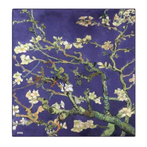 Vivid depiction of blooming almond branches against a deep purple background, capturing vibrant floral details and intricate branch textures.