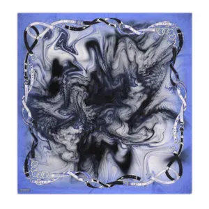 Vibrant silk scarf featuring an abstract black, white, and shades of blue swirling pattern framed by a stylish chain design, perfect for adding a pop of color to any outfit.