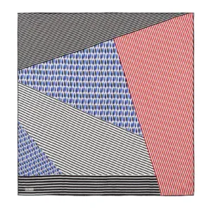 Black, white, red, and blue geometric patterned scarf with stripe and dot designs, perfect for stylish accessories.