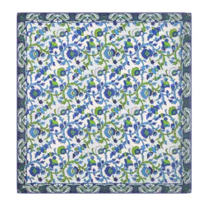 Intricate Turkish floral patterned textile with blue, green, and white colors, showcasing traditional craftsmanship and vibrant design. Perfect for home decor or gift-giving with fast shipping from Turkey.