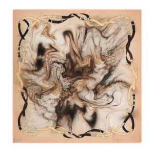 Vivid marble swirl artwork with a border of intertwined saddle straps in shades of tan, black, and gold, creating an elegant and dynamic visual composition.