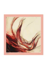 Vivid abstract painting with swirls of red, beige, and gold tones, accentuated by a pink border, showcasing dynamic movement and artistic expression.