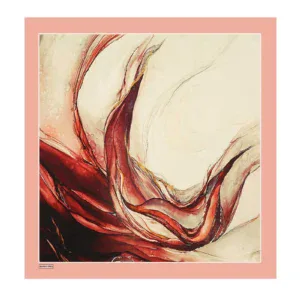 Vivid abstract painting with swirls of red, beige, and gold tones, accentuated by a pink border, showcasing dynamic movement and artistic expression.