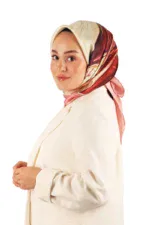 Elegance woman wearing a colorful silk hijab and white blazer, modeling fashion hijab styles for modern Muslim women at Shop of Turkey.