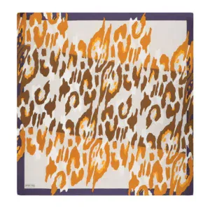 Vibrant animal print scarf with orange, brown, and beige leopard patterns on a white background, bordered by a dark purple frame, perfect for stylish accessories.