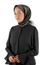 Black satin hijab and elegant black blouse with ruffled cuffs, perfect for modest fashion and versatile styling. Shop now for stylish accessories at Shop of Turkey.