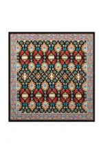 Vibrant Turkish floral and geometric patterned rug with intricate borders, crafted with traditional techniques. Perfect for adding authentic Turkish decor and elegance to your living space.