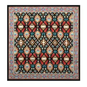 Vibrant Turkish floral and geometric patterned rug with intricate borders, crafted with traditional techniques. Perfect for adding authentic Turkish decor and elegance to your living space.