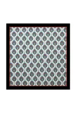 Ornamental Turkish tile pattern with intricate floral motifs in blue, red, and turquoise on a white background, framed with a black border.