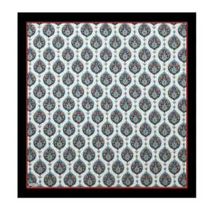 Ornamental Turkish tile pattern with intricate floral motifs in blue, red, and turquoise on a white background, framed with a black border.