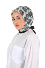 Plain white shirt with a black trim and a decorative scarf featuring a colorful paisley pattern, styled for a modern yet modest look. Perfect for a trendy, stylish ensemble or casual everyday wear.