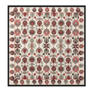 Vivid Turkish floral pattern rug with intricate red, black, and beige design, showcasing traditional craftsmanship, perfect for adding cultural elegance to home decor.