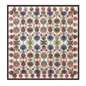 Vibrant Turkish patterned textile with intricate floral and geometric designs, colorful motifs, and traditional craftsmanship highlighted through bold reds, blues, greens, and beige tones.