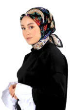 Elegant woman wearing a colorful scarf and black outfit, showcasing Turkish fashion and accessories available at Shop of Turkey for fast shipping worldwide.