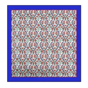 Vibrant traditional Turkish floral tile pattern with red, blue, and turquoise colors, framed in a modern blue border, showcasing authentic Turkish craftsmanship and intricate detailing.