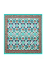 Vibrant Turkish traditional patterned rug featuring intricate blue, turquoise, red, and beige designs, showcasing authentic craftsmanship and vibrant cultural artistry.