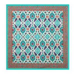 Vibrant Turkish traditional patterned rug featuring intricate blue, turquoise, red, and beige designs, showcasing authentic craftsmanship and vibrant cultural artistry.