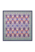 Vibrant traditional Turkish kilim rug with intricate floral and geometric patterns in deep blue, red, beige, and light blue colors, showcasing authentic Turkish craftsmanship.