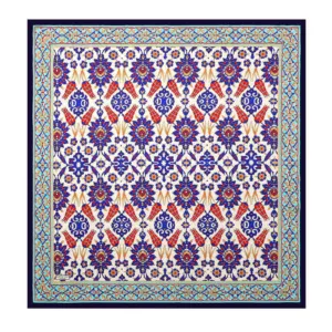 Vibrant traditional Turkish kilim rug with intricate floral and geometric patterns in deep blue, red, beige, and light blue colors, showcasing authentic Turkish craftsmanship.