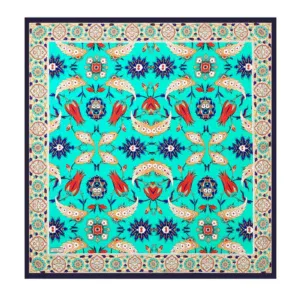 Vibrant Turkish-style patterned rug with intricate floral and geometric designs in turquoise, navy, red, and beige tones, showcasing traditional craftsmanship and rich cultural heritage.