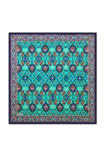Vibrant Turkish patterned rug with intricate floral and geometric designs in blue, red, and other bright colors, showcasing traditional craftsmanship and elegant decor style.