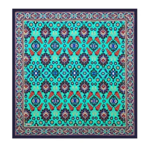 Vibrant Turkish patterned rug with intricate floral and geometric designs in blue, red, and other bright colors, showcasing traditional craftsmanship and elegant decor style.