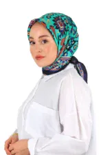 Silk headscarf with colorful floral and geometric patterns, fashionable accessory for women, stylish head covering from Turkey.