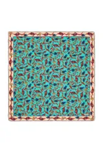 Intricate Turkish floral patterned textile with vibrant blue, red, and beige colors, showcasing traditional craftsmanship and detailed design. Perfect for home decor or as a unique gift.