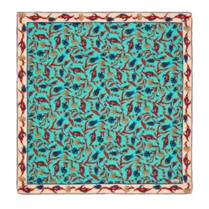 Intricate Turkish floral patterned textile with vibrant blue, red, and beige colors, showcasing traditional craftsmanship and detailed design. Perfect for home decor or as a unique gift.
