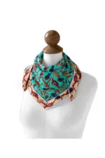 Bright Turkish silk scarf featuring vibrant floral and animal patterns, perfect for fashionable accessories, with quick shipping options from Turkey.