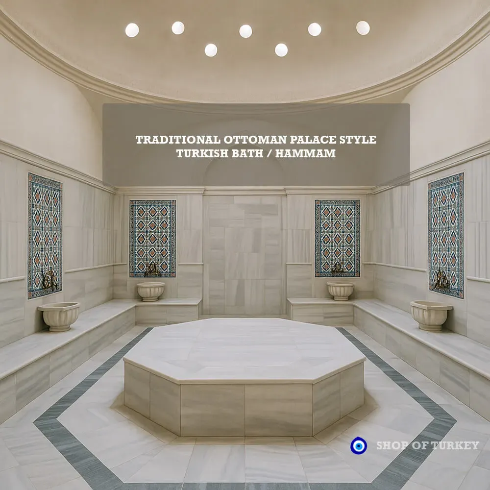 Ottoman palace-style Turkish bath with marble interiors and traditional design elements, showcasing a luxurious and relaxing Hammam experience.