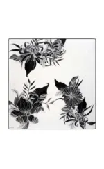 Black and white floral art print featuring intricate line work of large blooms and leaves, styled with a monochrome aesthetic for elegant home decor.
