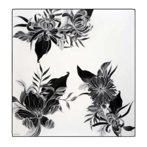 Black and white floral art print featuring intricate line work of large blooms and leaves, styled with a monochrome aesthetic for elegant home decor.