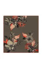 Linen floral scarf with intricate black, beige, and red floral patterns on a taupe background, adding sophistication and elegance to any outfit. Perfect for fashion-forward individuals seeking unique accessories.