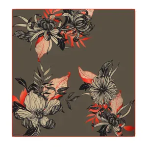 Linen floral scarf with intricate black, beige, and red floral patterns on a taupe background, adding sophistication and elegance to any outfit. Perfect for fashion-forward individuals seeking unique accessories.