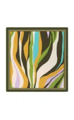 Vibrant abstract scarf with colorful wavy stripes in green, yellow, purple, blue, black, and white on a dark green background, perfect for stylish accessories or gift ideas.
