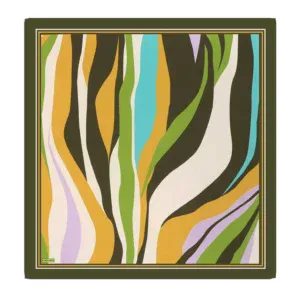 Vibrant abstract scarf with colorful wavy stripes in green, yellow, purple, blue, black, and white on a dark green background, perfect for stylish accessories or gift ideas.