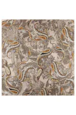 Intricate paisley pattern fabric with earthy tones of beige, brown, and black, showcasing detailed floral and swirling designs typical of Turkish textile art.